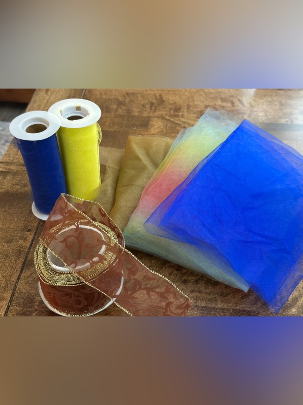Colorful Tulle & Ribbon Bundle - Blue, Yellow, Gold, Brown